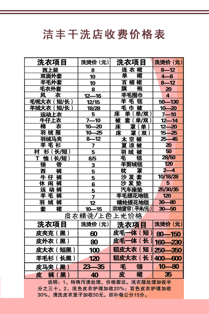 洁丰干洗店收费价格表