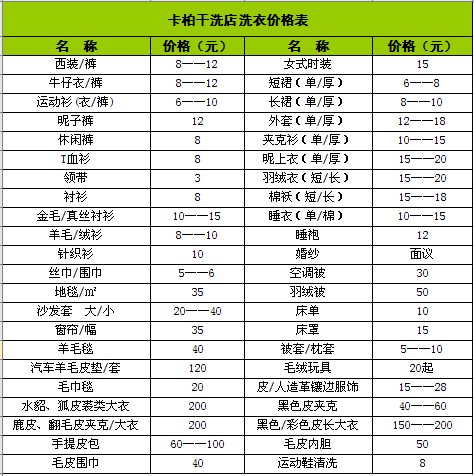 卡柏干洗店价格表