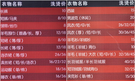 卡柏干洗店价格表