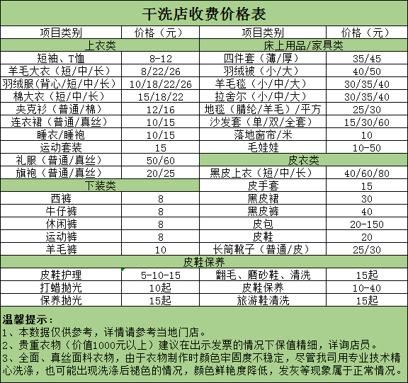 邢台干洗店收费价格表-邢台洗衣服具体怎么收费的