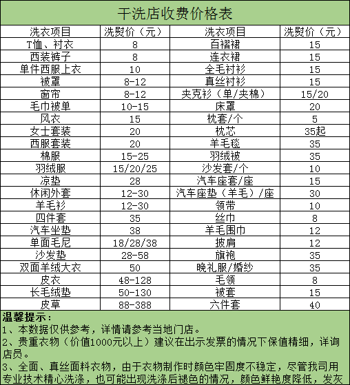 天长干洗店收费价格表-天长洗衣服具体怎么收费的